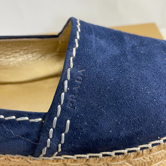PRADA 31121 BLUE SUEDE PEEP TOE PLATFORM ESPADRILLE SZ 38 - Picture 2 of 7